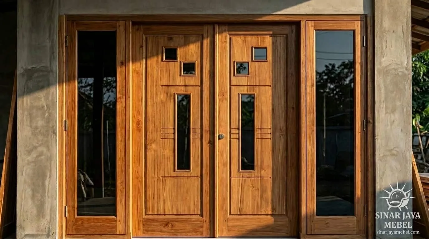 Set kusen + pintu jati dengan kaca minimalis, serat kayu terlihat alami — workshop Tegal