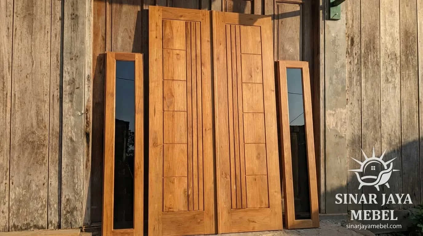 Pintu jati panel jalur vertikal + sisi kaca, siap kirim dari workshop Sinar Jaya Mebel Tegal