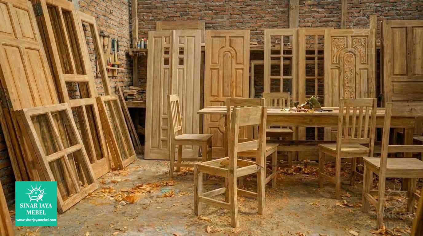 Jendela kayu jati 2 daun kaca workshop Sinar Jaya Mebel Tegal — engsel tanam custom ukuran